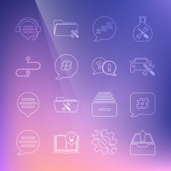 Set line Upload inbox, Hashtag speech bubble, Car service, Speech with snoring, Route location, Headphones chat and Question and Exclamation icon. Vector