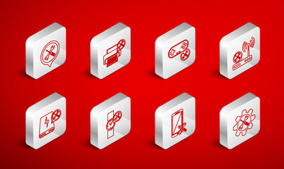 Set line Wrench and screwdriver in gear, Printer service, Gamepad, Router wi-fi, Smartphone, Location, Wrist watch and Power bank icon. Vector