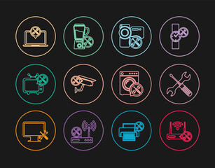 Set line Router wi-fi with service, Crossed screwdriver and wrench, Video camera, Security, Tv, Laptop, Washer and Blender icon. Vector