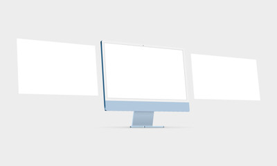 Modern Blue PC Monitor Mockup With Blank Web Pages, Side View. Vector illustration
