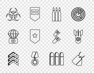 Set line Military rank, dog tags, Bullet, reward medal, Biohazard symbol, Chevron, and Nuclear bomb icon. Vector