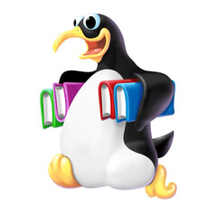 pinguino con i libri sottobraccio che va a scuola - 529883466