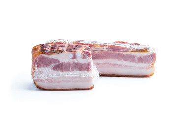Smoked and boiled bacon in vacuum pack isolated on white