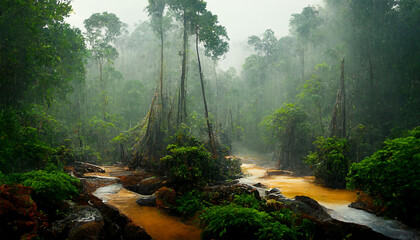 Borneo rain forest trees jungle tropical land - obrazy, fototapety, plakaty