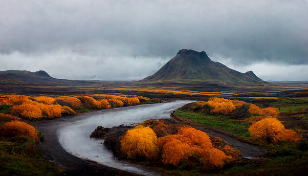 Autumn in Iceland field mountain sky painting
