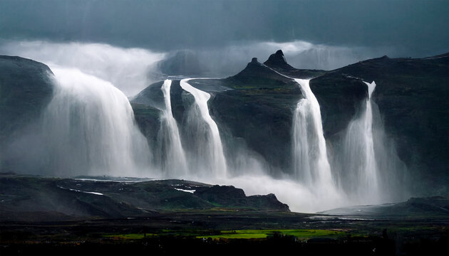 Stunning waterfalls mountain water sky painting