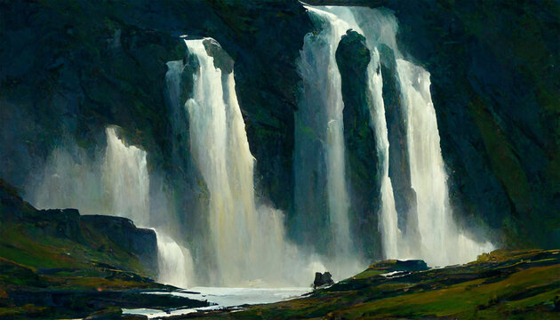Stunning waterfalls mountain water sky painting