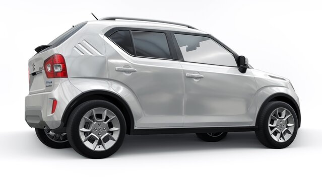 Tokio. Japan. September 11, 2022. Black Suzuki Ignis 2022 on a white background. Ultra-compact cheap city car for densely populated areas and heavy traffic. 3d rendering.