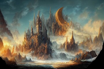 fantasy design mountains, castle, clouds illustration. Generative AI - obrazy, fototapety, plakaty