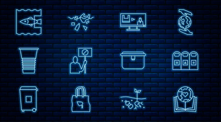 Set line Earth globe and book, Trash in garbage cans sorted, Stop plastic pollution, Nature saving protest, Paper glass, ocean, Lunch box and Problem of planet icon. Vector