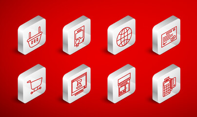 Set line POS terminal with credit card, Certificate template, Worldwide, Warranty certificate, Shopping building market store, basket, cart on computer and icon. Vector