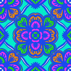 Fototapeta na wymiar Seamless pattern flower with mandala, vintage decorative elements, vintage decorative elements illustration, Ethnic mandala with colorful tribal ornaments