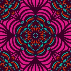 Fototapeta premium Seamless pattern flower with mandala, vintage decorative elements, vintage decorative elements illustration, Ethnic mandala with colorful tribal ornaments