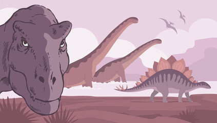 Predator tyrannosaurus, big sauropods and stegosaurus. Herbivorous dinosaur of the Jurassic period. Prehistoric pangolin. Science paleontology. Wild landscape. Vector cartoon illustration © Mikhail