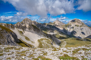 Panoramic view of a winding road in the mountains from Gran Sasso, in Abruzzo region, central...
