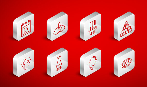 Set line Kheer in a bowl, Indian headgear turban, Incense sticks, Yagna, Rosary beads religion, Independence day, vase and Christian cross icon. Vector - Powered by Adobe