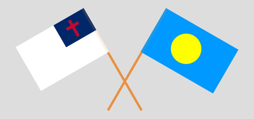 Crossed flags of christianity and Palau. Official colors. Correct proportion