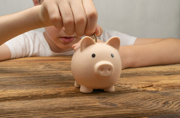 Obraz na płótnie Canvas Child Throws Coin into Piggy Bank, Money Box, Saving Pig, Moneybox, Piggybank