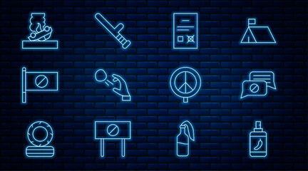 Fototapeta na wymiar Set line Pepper spray, Speech bubble chat, Poll document, Hooligan shooting stones, Protest, Burning car, Peace and Police rubber baton icon. Vector