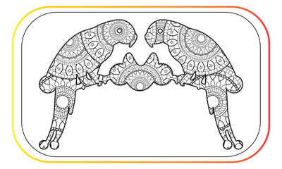 Collection of two stylized macaw (ara) parrots. Monochrome and colored versions. Freehand sketch for adult anti stress coloring book page with doodle and zentangle elements.