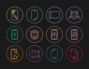 Set line Smartphone, battery charge, Micro SD memory card, Mobile with shield, charging, broken screen, exclamation mark and Glass protector icon. Vector