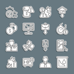 Set line Drop in crude oil price, Mobile stock trading, Money bomb dollar crisis, Global economic, news, Debt ball chained coin, Dollar rate decrease and Briefcase icon. Vector