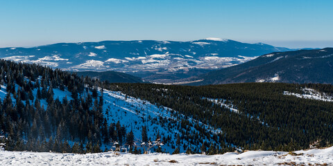 Kralicky Sneznik from Dlouhe strane hill in winter Jeseniky mountains in Czech republic