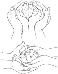 feet of a newborn in the hands of parents, mom and dad. family line illustration
