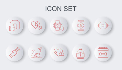 Set line Calendar fitness, Protein sport bar, Smart watch with heart, Sports nutrition, Jump rope, Dumbbell, Stationary bicycle and Heart rate icon. Vector