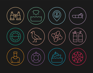 Set line Wind rose, Aqualung, Location with anchor, Bird seagull, Ship porthole, Binoculars, Boat propeller and Sun icon. Vector