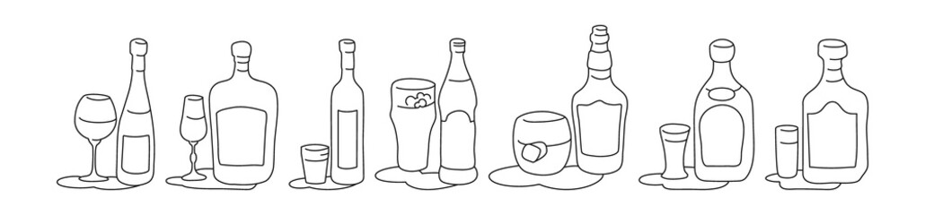 Wine liquor vodka beer whiskey tequila rum bottle and glass outline icon on white background. Black white cartoon sketch graphic design. Doodle style. Hand drawn image. Party drinks concept