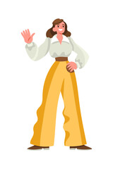 Cheerful brunette women in retro 1960s clothes standing and waving hand