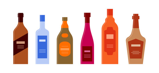 Set bottle of rum vodka liquor wine balsam cognac in row. Icon bottle with cap and label. Graphic design for any purposes. Flat style. Color form. Party drink concept. Simple image shape