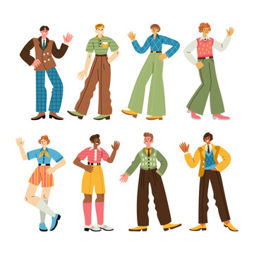 Diverse cheerful men in retro 1960s or 1970s clothes walking, standing, waving hands