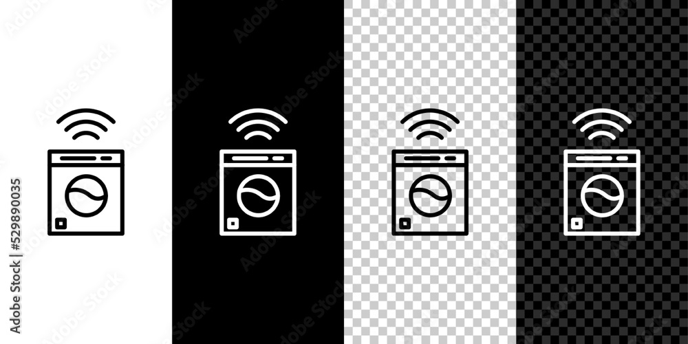Poster set line smart washer system icon isolated on black and white background. washing machine icon. inte
