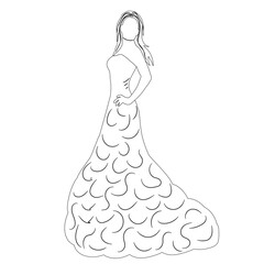 bride in dress sketch, outline vector, isolated