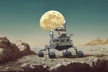 Mars Rover Exploring a distant planet, moon in the background - obrazy, fototapety, plakaty