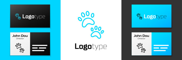 Blue line Paw print icon isolated on white background. Dog or cat paw print. Animal track. Logo design template element. Vector