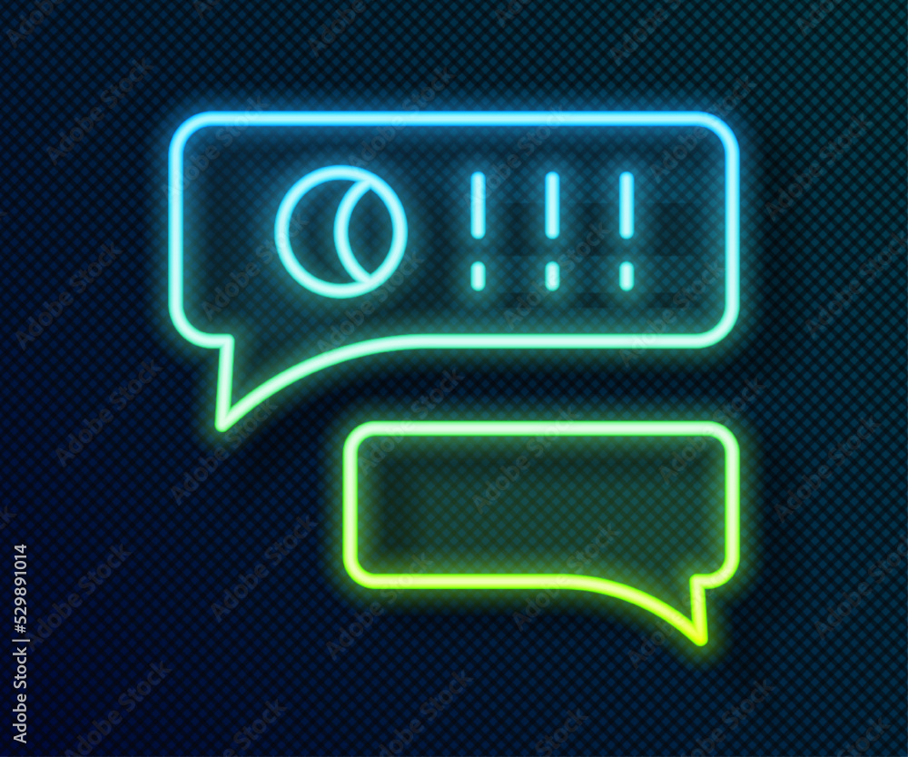 Poster glowing neon line speech bubble chat about baseball game icon isolated on black background. message 