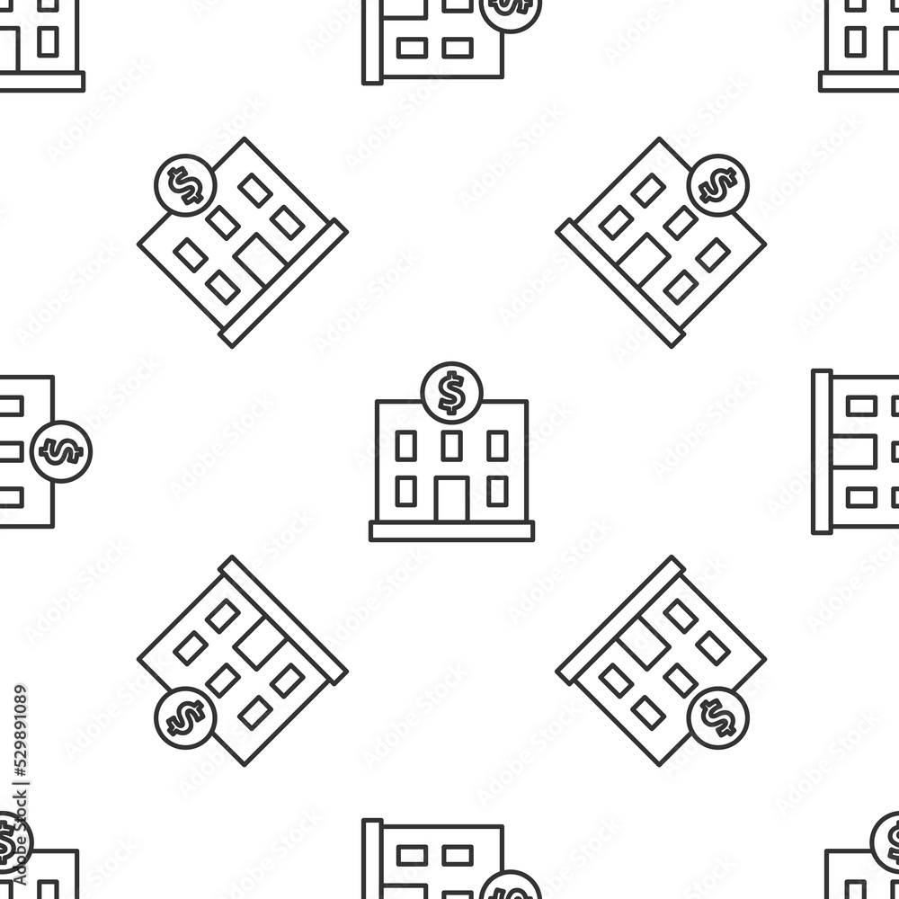 Poster grey line bank building icon isolated seamless pattern on white background. vector