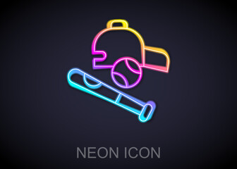 Fototapeta premium Glowing neon line Baseball bat with ball, hat icon isolated on black background. Vector