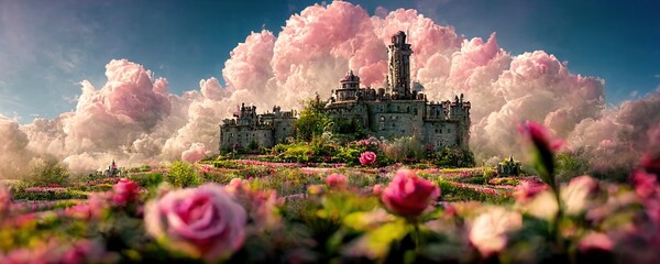 Fantasy garden castle with many flowers, roses and clouds illustration. Generative AI