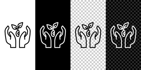 Set line Plant in hand of environmental protection icon isolated on black and white, transparent background. Seed and seedling. Planting sapling. Ecology concept. Vector