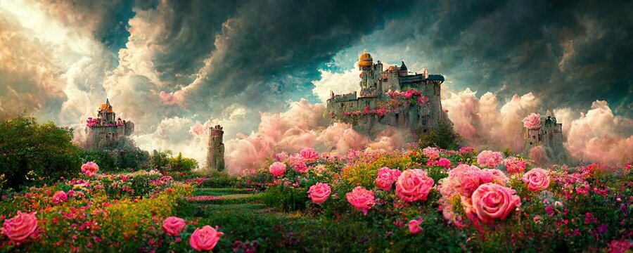 Fantasy Garden Castle With Many Flowers, Roses And Clouds Illustration