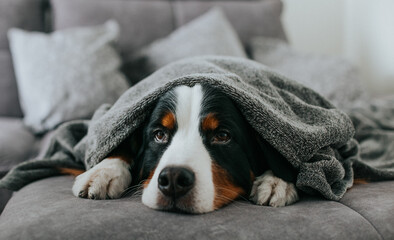 Bernese mountain dog posing inside. Autumn mood. Cute dog in bed.	
