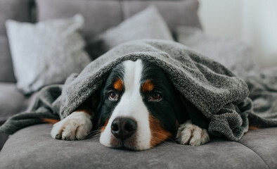 Bernese mountain dog posing inside. Autumn mood. Cute dog in bed. 
