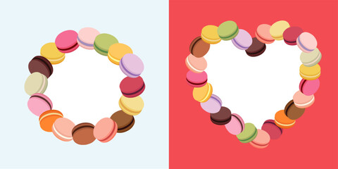 Heart and circle shapes made of sweet french macaroons. Colorful macarons for Valentine day. Vector illustration in flat style.