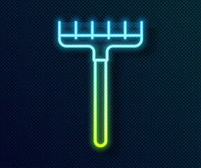 Glowing neon line Garden rake icon isolated on black background. Tool for horticulture, agriculture, farming. Ground cultivator. Housekeeping equipment. Vector
