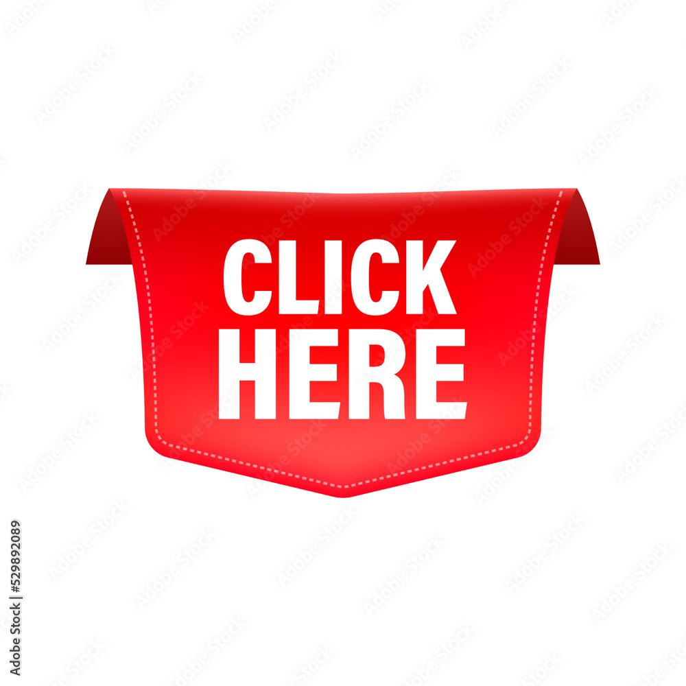Poster icon with click here red ribbon on white background for web marketing design. flat deign. vector ill