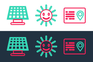 Set line Address book, Solar energy panel and Cute sun with smile icon. Vector